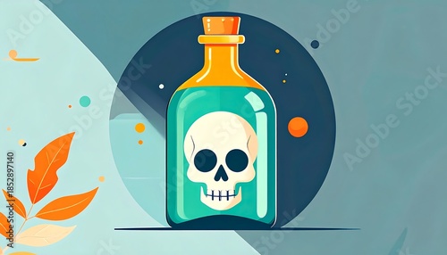 Bottle with skull and crossbones icon on stylized colorful geometric background, surrounded by leaves and dots