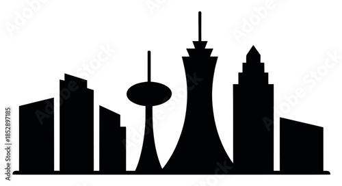 A silhouette of a modern city skyline featuring various distinct buildings and towers against a white background.