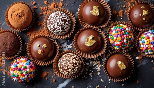 Assortment of chocolate truffles in paper cups, some with sprinkles or gold leaf. Indulgent dessert for Valentines Day, party treat, or luxurious gift.