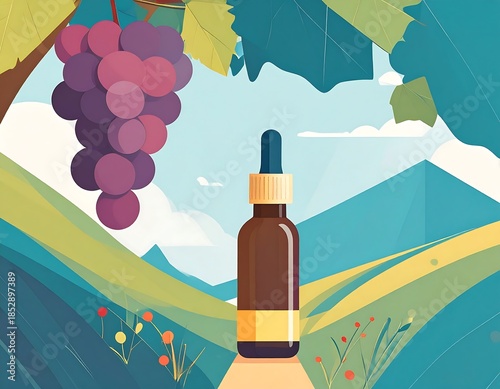 Bottle with dropper amidst a cartoon landscape backdrop and hanging grapes, under bright sky