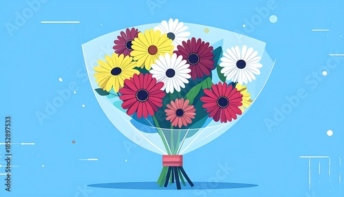 Bouquet of colorful gerbera daisies wrapped in clear plastic against a vibrant blue backdrop
