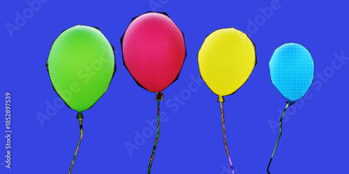 Bright halftone balloons floating on vivid blue background, green red yellow and cyan colors, thin dangling strings, pop art texture, playful celebration mood, graphic cut-out style composition.