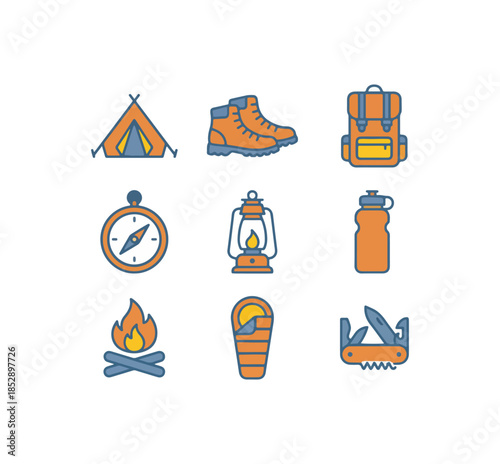 Camping and hiking equipment icons set