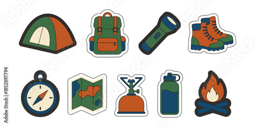 Camping and hiking equipment icons tent backpack boots map compass bonfire