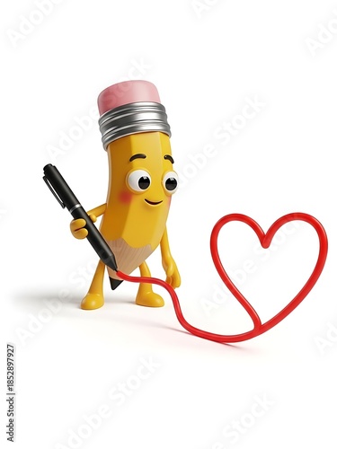 Cute cartoon pencil drawing a red heart with a smile on white background