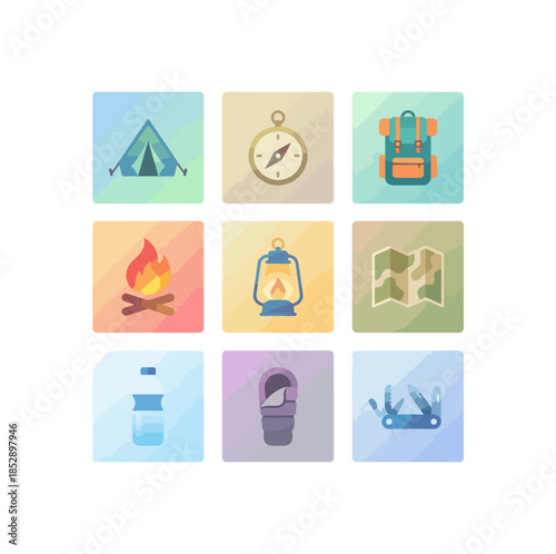 Camping and outdoor adventure icons in a grid arrangement