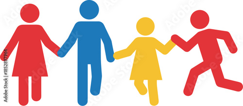Flat Style Colorful Family Walking and Running Together Icon Graphic