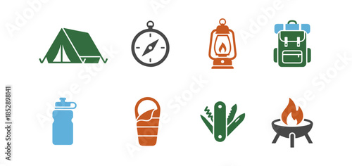 Camping equipment icons illustration black background