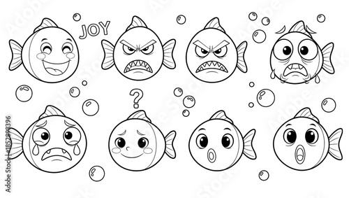 Colorful cartoon fish illustrations displaying various emotions such as joy, anger, surprise, and sadness, surrounded by bubbles, perfect for children's educational materials and creative projects