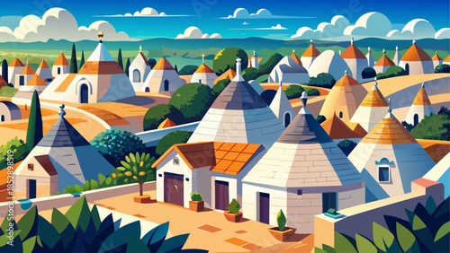 Very beautiful view of Alberobello showcasing iconic white trulli houses with conical stone roofs, arranged harmoniously beneath clear skies in southern Italy’s Apulia region.