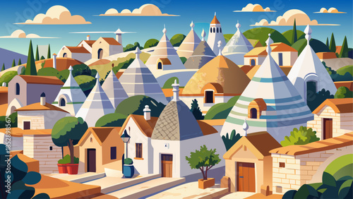 Very beautiful view of Alberobello showcasing iconic white trulli houses with conical stone roofs, arranged harmoniously beneath clear skies in southern Italy’s Apulia region.