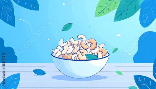 Bowl filled with cashews, leaf accents, set on a white surface, and leafy background