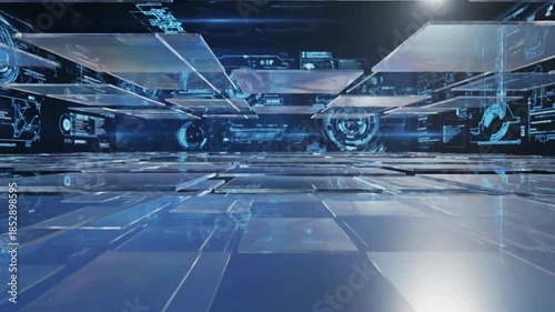 Futuristic digital interface room with floating holographic data screens and reflective glass floor for technology concepts