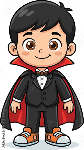 Cartoon boy in vampire costume, Halloween character, smiling child in cape, festive outfit, black suit, red cape, sneakers, spooky fun, kids illustration