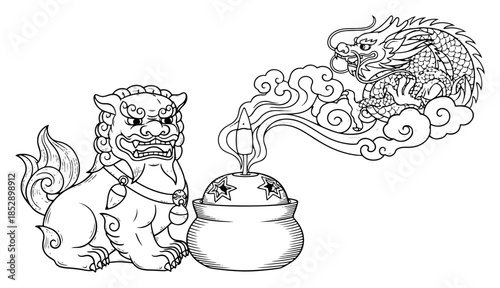 Chinese guardian lion Foo Dog with incense burner and dragon smoke spirit vector illustration