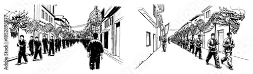 Long Chinese Dragon Dance street procession with people carrying poles vector illustration sketch perspective