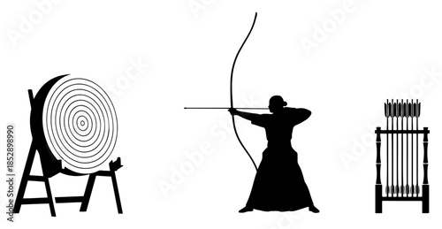 Kyudo Japanese archery silhouette set with archer bow target and arrows vector illustration black and white