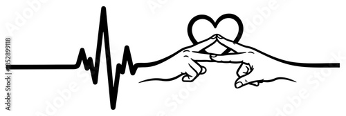 Heartbeat pulse line with hands touching fingers and heart vector illustration