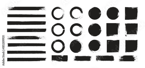 Set of vector paint brush stroke, ink splash and grungy decoration elements. Freehand grunge brush illustration.