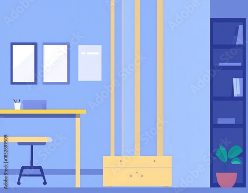 Blue-toned room with desk, chair, pictures, tall cabinet, bookshelf, potted plant; serene, simple