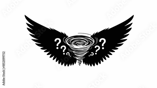 Mysterious swirling vortex with large wings and question marks symbolizes uncertainty and the unknown.