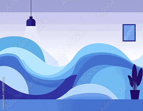 Blue-toned room with wavy design, lamp, plant, and picture frame on the wall in a stylized, cartoonish art style