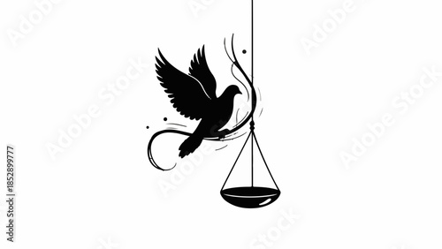Symbol of peace and justice, a dove flies near scales of justice.