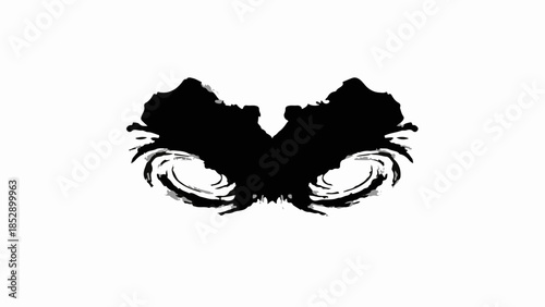 Abstract black ink blot symmetrical shape on white background, suggestive of Rorschach test interpretation.