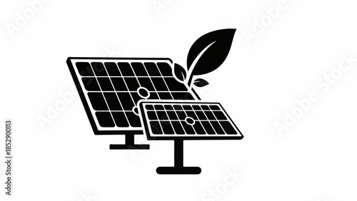 Clean energy concept with solar panels and green leaf symbol