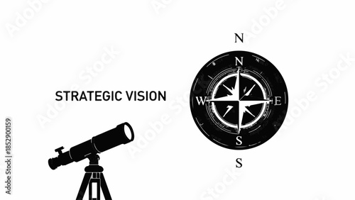 Telescope and compass symbolizing strategic vision and direction for future planning