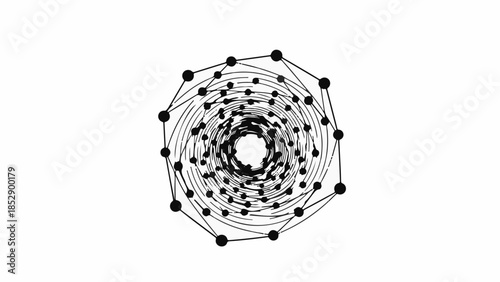 Intricate geometric spiral pattern with connected dots and lines, creating a sense of depth and complexity.