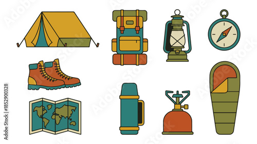 Camping gear illustration tent backpack lantern compass boots map thermos stove sleeping bag