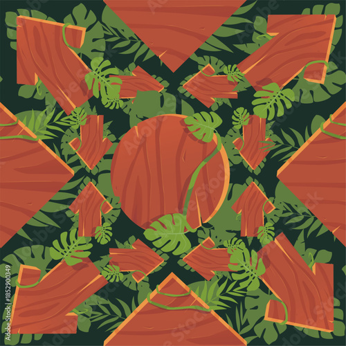 Wooden signs and pointers overgrown with tropical plants and vines seamless pattern. Jungle forest guidepost. Repeated print. Wood arrows. Directional timber signboard. Vector background