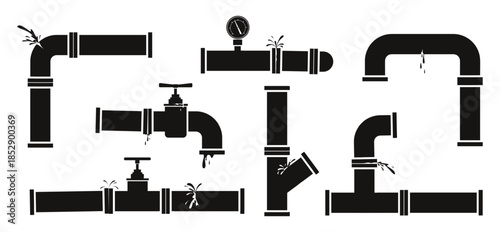 Water pipes with cracks and leaks. Piping supply system black silhouette. Broken valves and taps. Faucets and pressure gauge. Canalization junction. Tube connection parts vector set