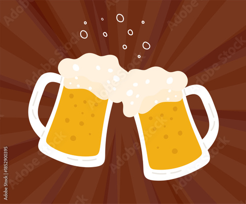 Two glass glasses with foamy beer collide for toast. Love for alcohol drink. Oktoberfest celebration. Booze cheers. Bar cups clink. Lager brewery. Ale mugs touch splashes. Vector banner