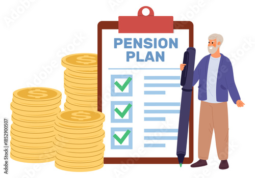 Satisfied elderly man who has fulfilled his retirement savings plan. Pensioner fund. Old man has secured comfortable old age for himself. Completed pension strategy. Vector concept