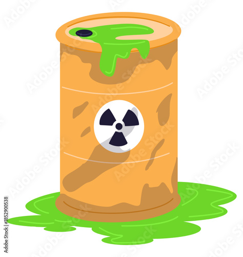 Rusty metal barrel with toxic waste leaking out. Environmental disaster. Radioactive substance. Warning pollution. Chemical liquid leakage. Hazardous nuclear contamination. Vector concept