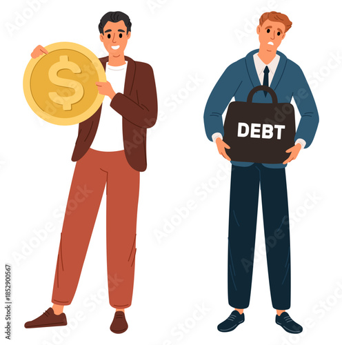 Rich and poor businessman. One man holds gold coin and other heavy debt. Successful and unsuccessful business. Loan weight. Investor earnings. Happy millionaire budget. Vector concept