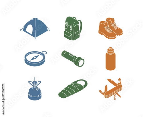 Isometric camping gear icons set adventure outdoors exploration