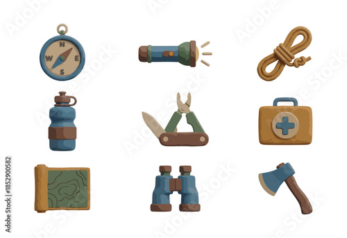 Illustrated set of outdoor adventure and exploration equipment