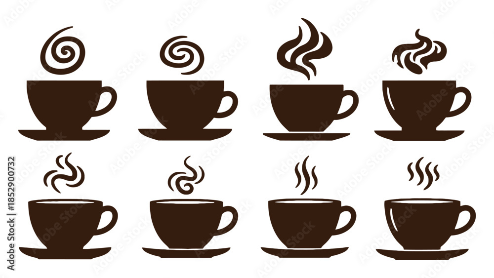 Obraz premium Eight dark brown cups of steaming hot coffee are displayed on saucers.