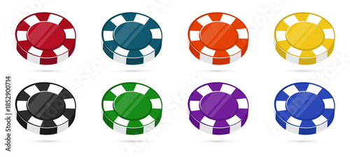 Multicolored casino poker chips. Tokens for gambling card games. Winning color plastic circles. Blackjack betting fortune. Gamble round coin. Vector isolated gaming objects mockup set