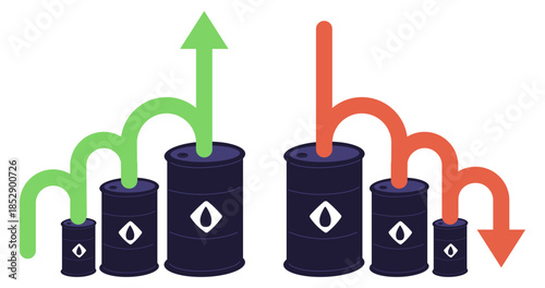 Metal barrels of oil with green and red arrows. Showing rise and fall of gasoline prices. Stock market investment. Economy growth or crisis recession. Diesel gallon trade. Vector concept
