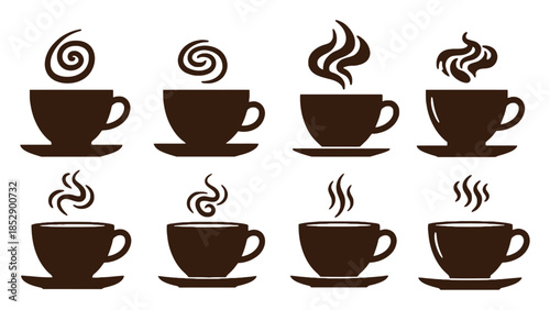 Eight dark brown cups of steaming hot coffee are displayed on saucers.