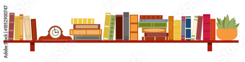 Long bookshelf with variety of bound books, flowerpot or clock. Bookstore rack. Library interior. Cozy furniture. Houseplant and textbooks. Read literature. Vector furnishing object