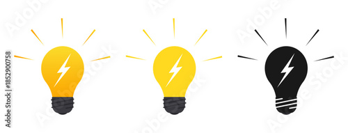 Light bulb symbol with lightning bolt inside. Electric lamp shine. Idea solution and inspiration. Electrical energy. Illuminated lightbulb. Color or black silhouette vector icons set