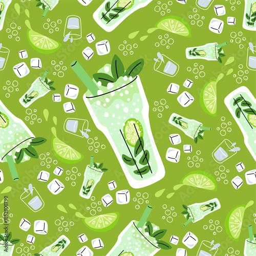 Lemonade in large glass with lime slices, mint leaves and ice cubes seamless pattern. Mojito cocktail. Repeated print. Summer fresh fizzy drink. Refreshing beach beverage. Vector background
