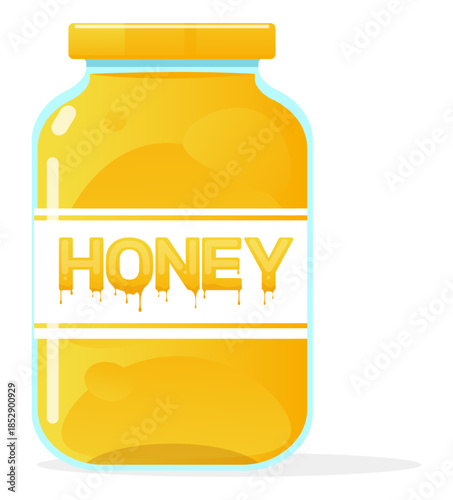 Glass jar with closed lid and honey inside. Natural dessert. Liquid bees nectar. Organic products. Honeybee golden syrup. Full container. Delicious ingredient. Vector beekeeping pot