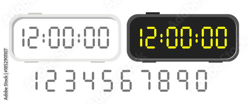 Electronic clock with white and black screen and electronic numbers. Touchscreen symbols. Timepiece interface. Watch display with minute signs. Time countdown. Vector timer dial digits set