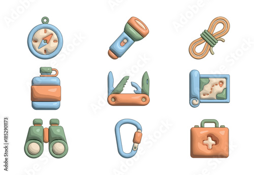 Outdoor adventure icon set compass flashlight rope water bottle knife map binoculars carabiner first aid